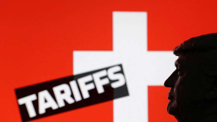 FILE PHOTO: Illustration shows 3D-printed miniature model of U.S. President Donald Trump, Switzerland flag and the word "Tariffs\