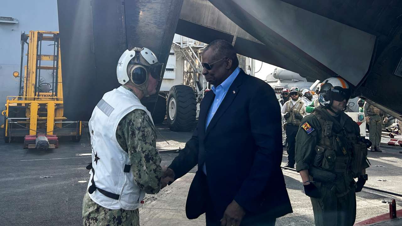 U.S. Secretary of Defense Austin visits aircraft carrier USS Gerald R. Ford