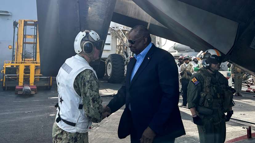 U.S. Secretary of Defense Austin visits aircraft carrier USS Gerald R. Ford