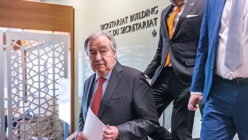 United Nations Secretary-General Antonio Guterres speaks about the Israel and Hamas ceasefire deal outside the Security Council at the United Nations Headquarters in New York