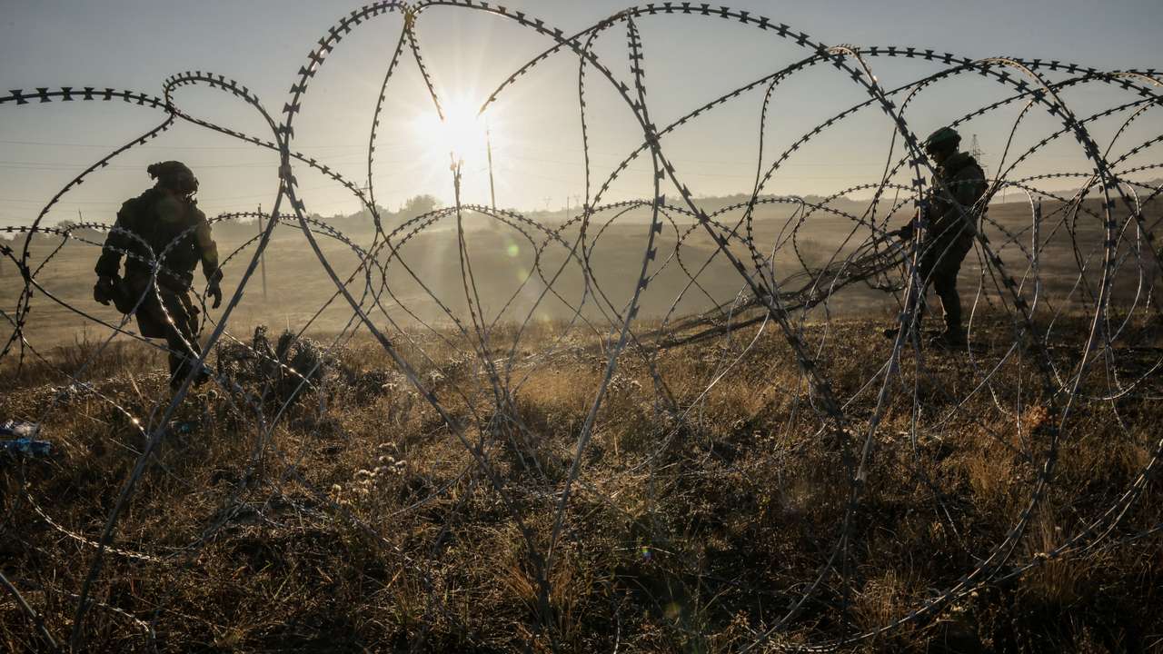 FILE PHOTO: Sappers install non-explosive obstacles along the front line on the outskirts of the town of Chasiv Yar