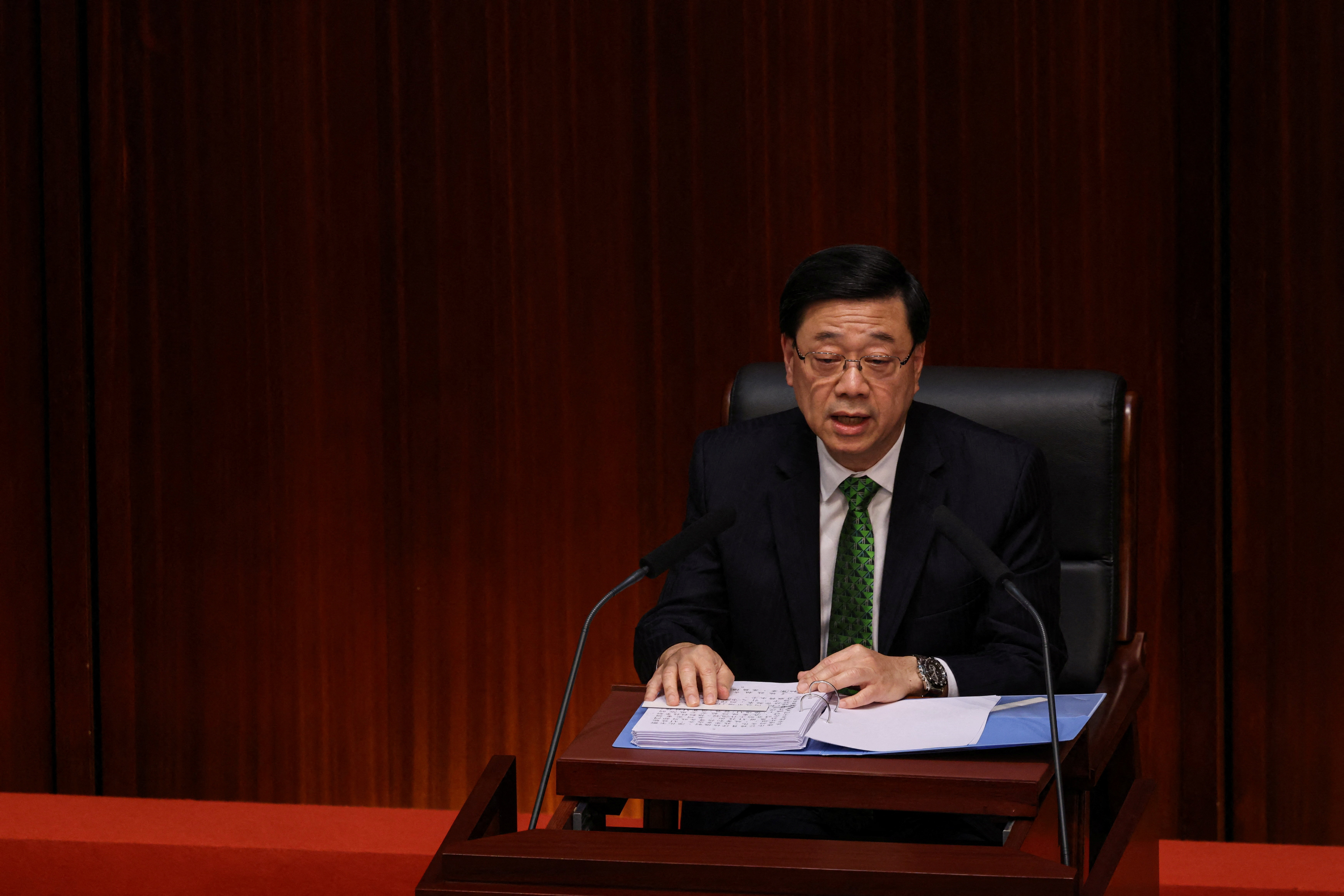 Hong Kong Chief Executive John Lee delivers his annual policy address at the Legislative Council in Hong Kong