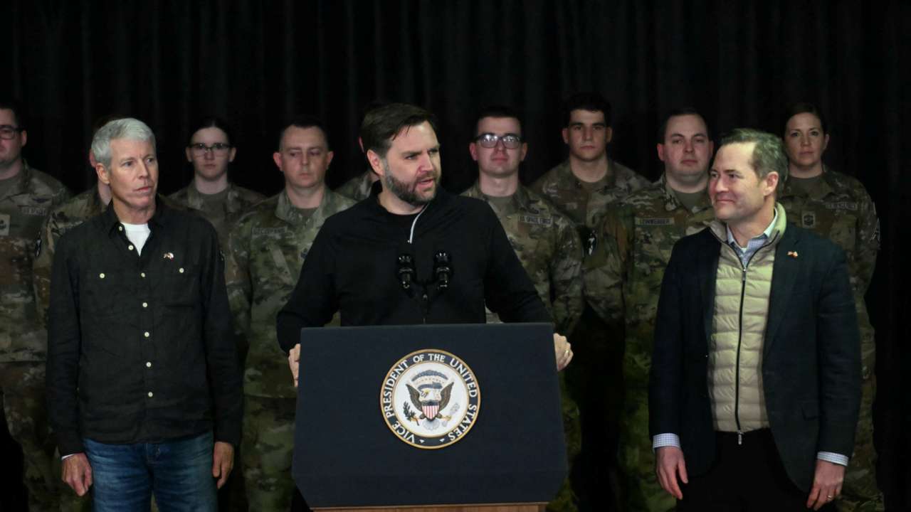U.S. Vice President JD Vance speaks at the US military's Pituffik Space Base in Greenland