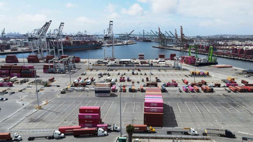 FILE PHOTO: A few shipping containers sit in place at the Port of Los Angeles in San Pedro, California