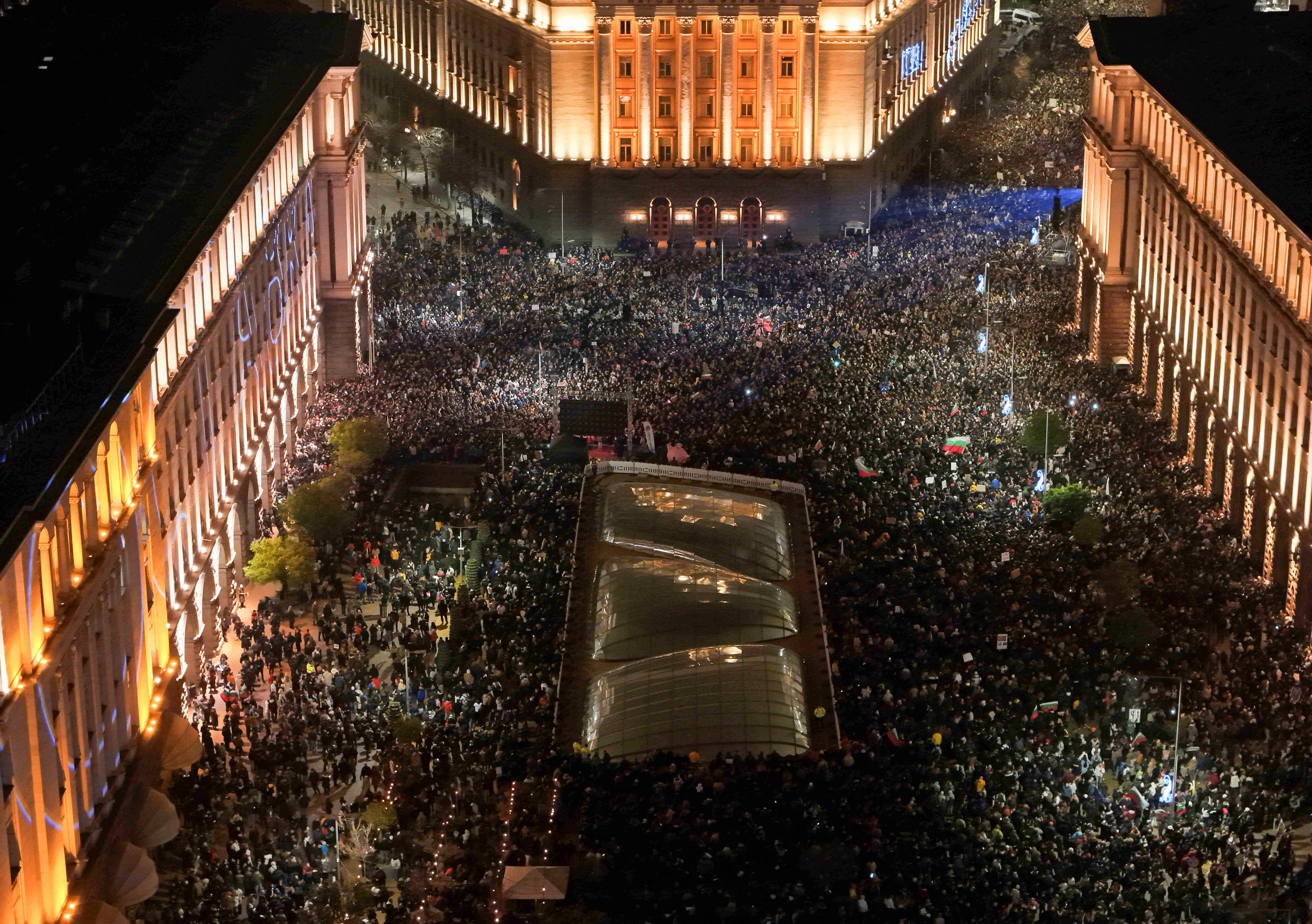 A drone view shows protesters demonstrating outside the parliament during an anti-government rally in Sofia