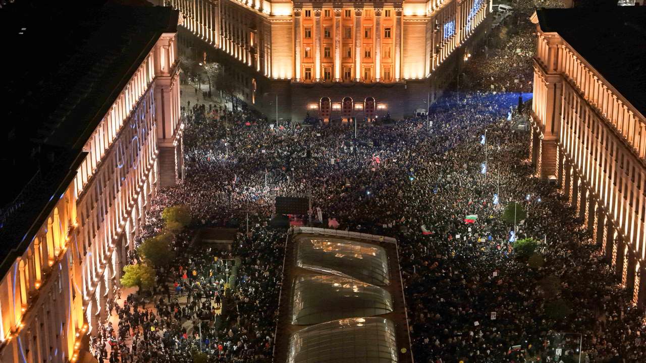 A drone view shows protesters demonstrating outside the parliament during an anti-government rally in Sofia