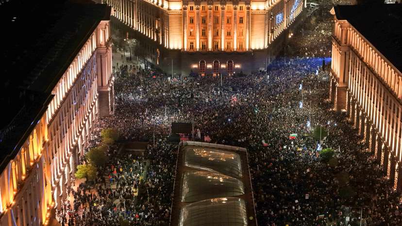 A drone view shows protesters demonstrating outside the parliament during an anti-government rally in Sofia