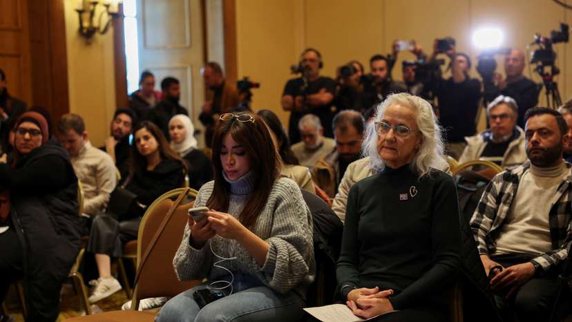 Debra Tice, mother of journalist Austin Tice sits near media workers before attending a press conference in Damascus