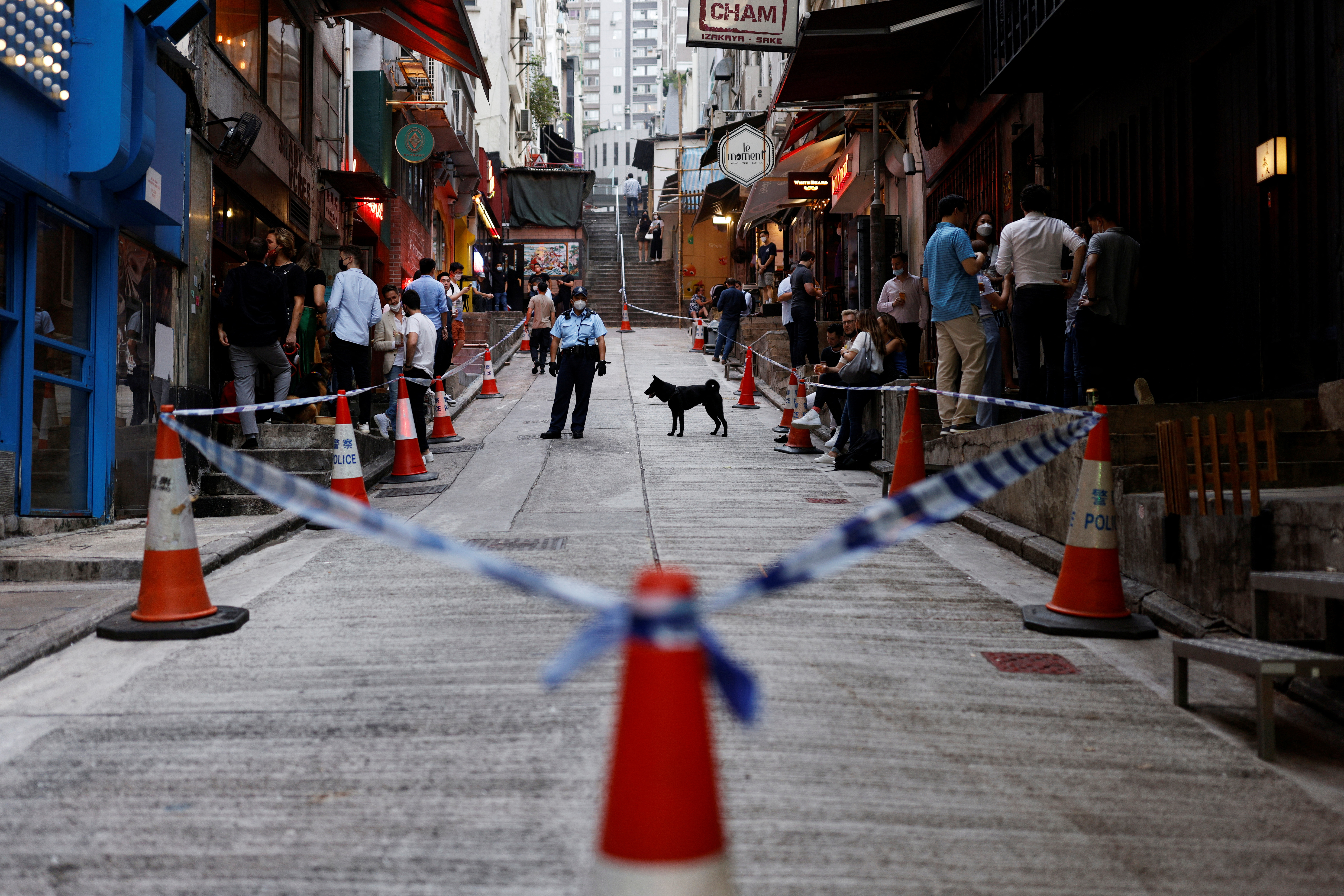 Police keeps watch in the Soho nightlife area in Hong Kong
