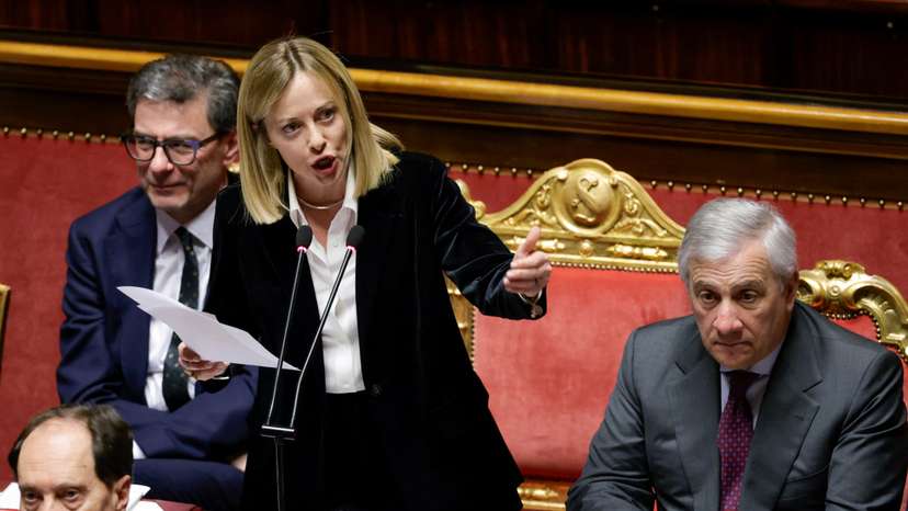 Italy's Prime Minister Giorgia Meloni addresses the upper house of the Parliament in Rome, ahead of a European Union leaders' summit, in Rome