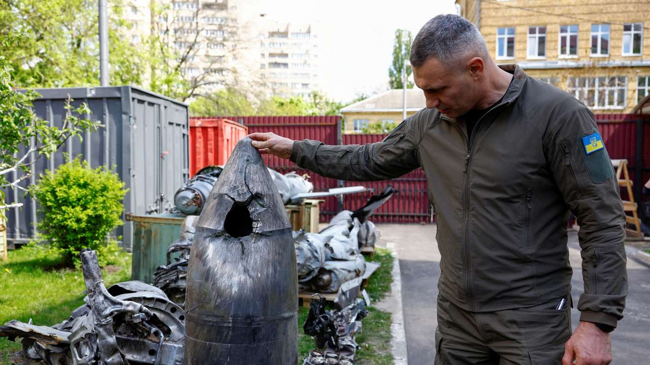 FILE PHOTO: Kyiv Mayor Klitschko shows a Kh-47 Kinzhal Russian hypersonic missile warhead in Kyiv.