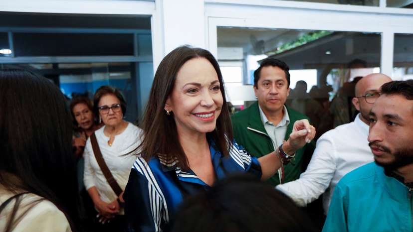 Venezuelan opposition leader Maria Corina Machado arrives after a news conference held by the national coordinator of Venezuela's opposition party Vente, in Caracas