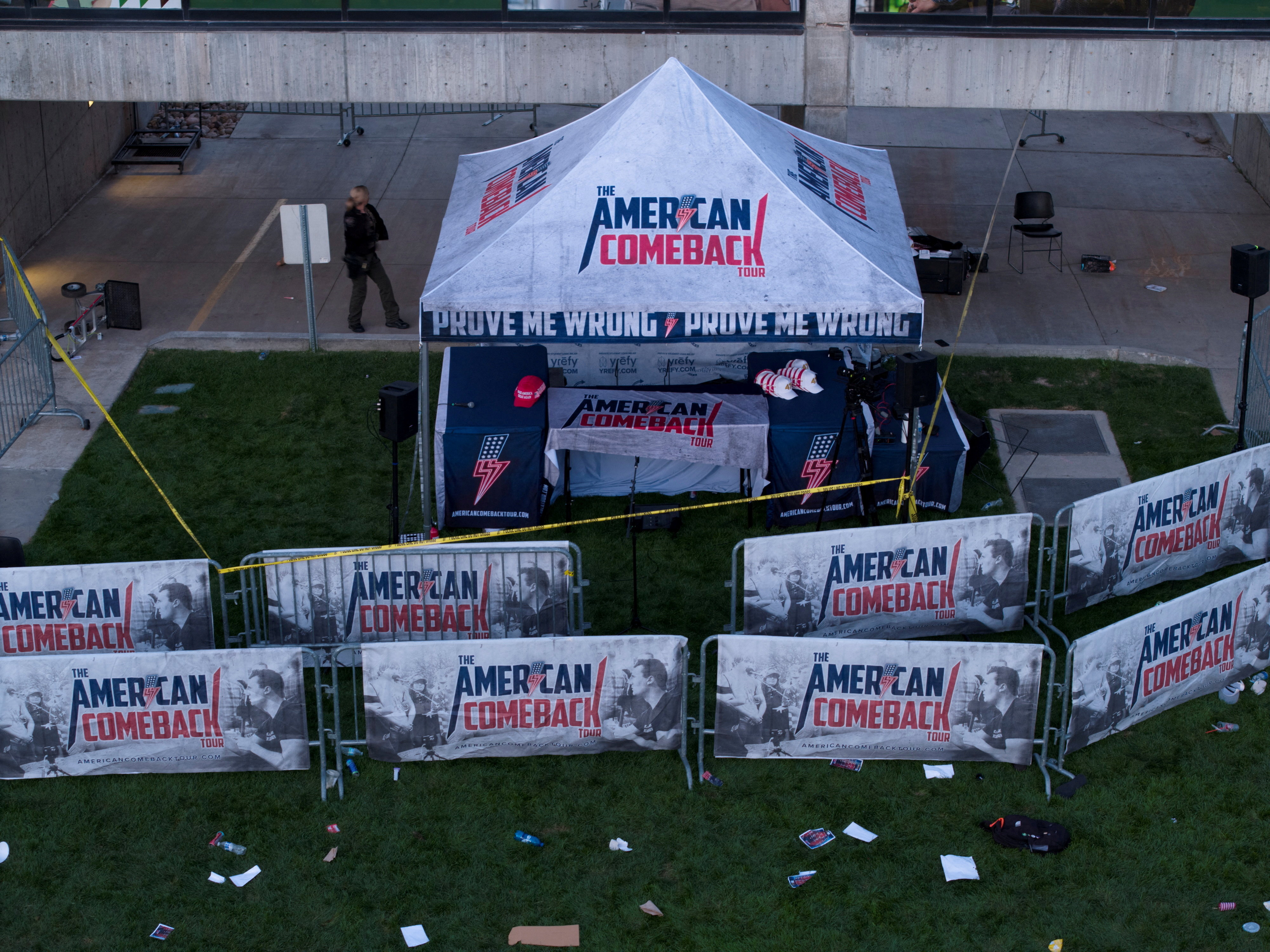 A drone view shows the scene where Charlie Kirk was fatally shot at Utah Valley University event, in Orem