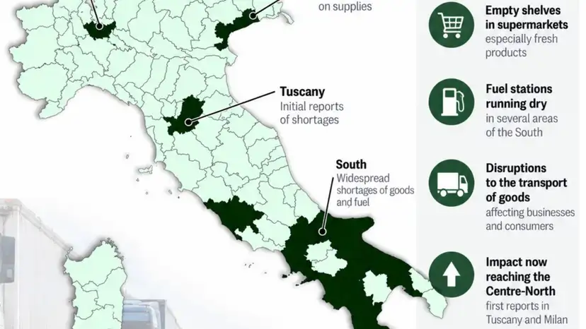 Italy truck drivers' protests disrupt food and fuel supplies as government moves to end blockades