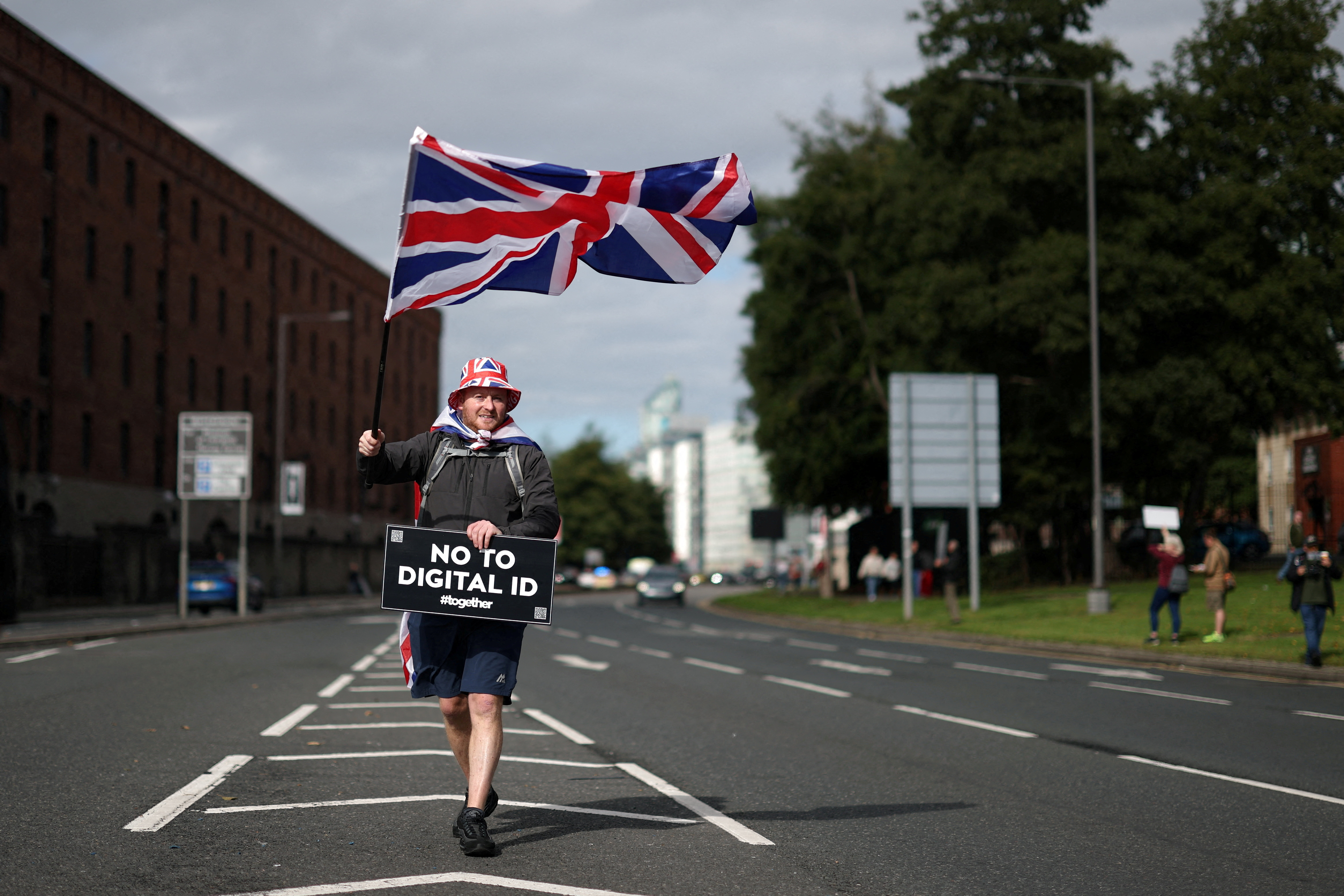 Protesters take part in a 'No to Digital ID' demonstration, near to the Labour Party Conference in Liverpool