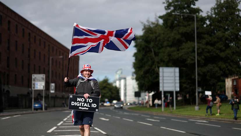 Protesters take part in a 'No to Digital ID' demonstration, near to the Labour Party Conference in Liverpool