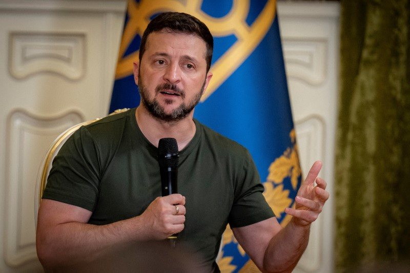 FILE PHOTO: Ukraine's President Zelenskiy speaks to the medina during a press conference in Kyiv