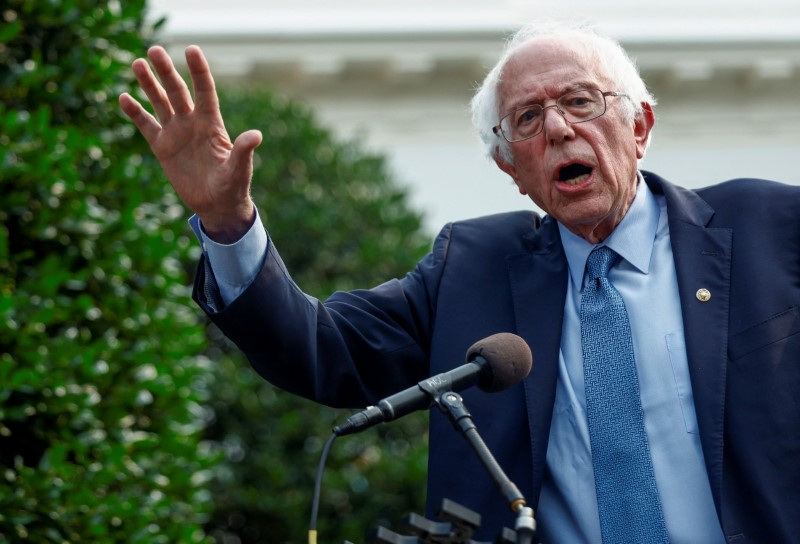 U.S. Senator Bernie Sanders speaks to the media, following a meeting with U.S. President Biden at the White House in Washington