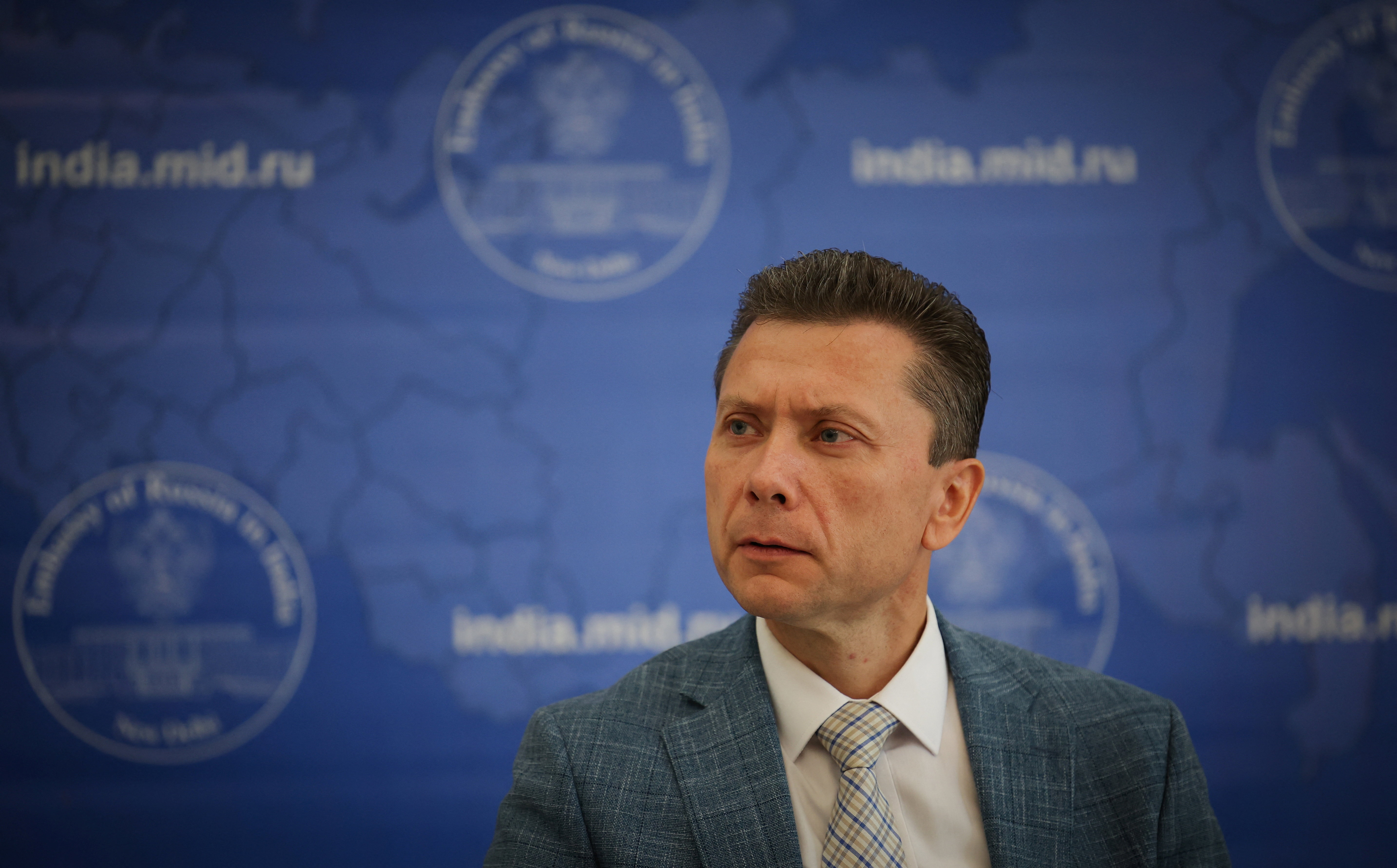 Roman Babushkin, charge d'affaires at the Russian embassy in India, attends a press conference in New Delhi