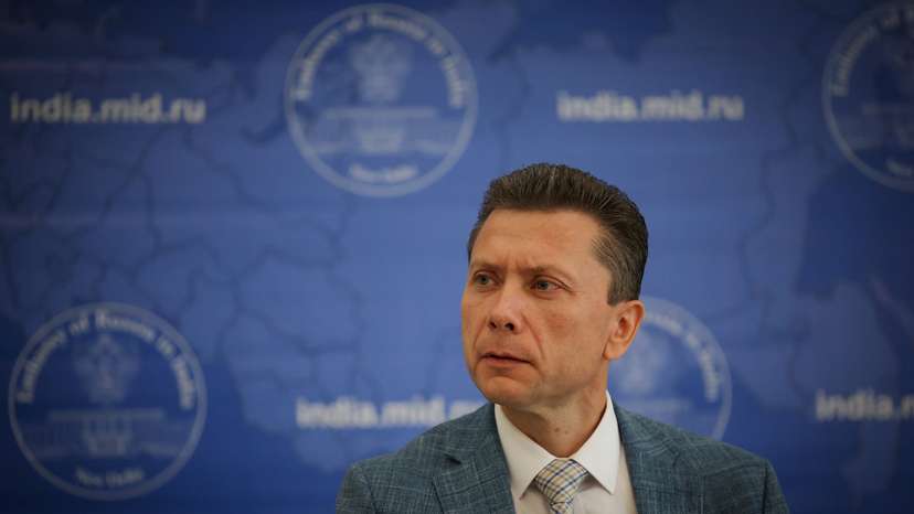 Roman Babushkin, charge d'affaires at the Russian embassy in India, attends a press conference in New Delhi