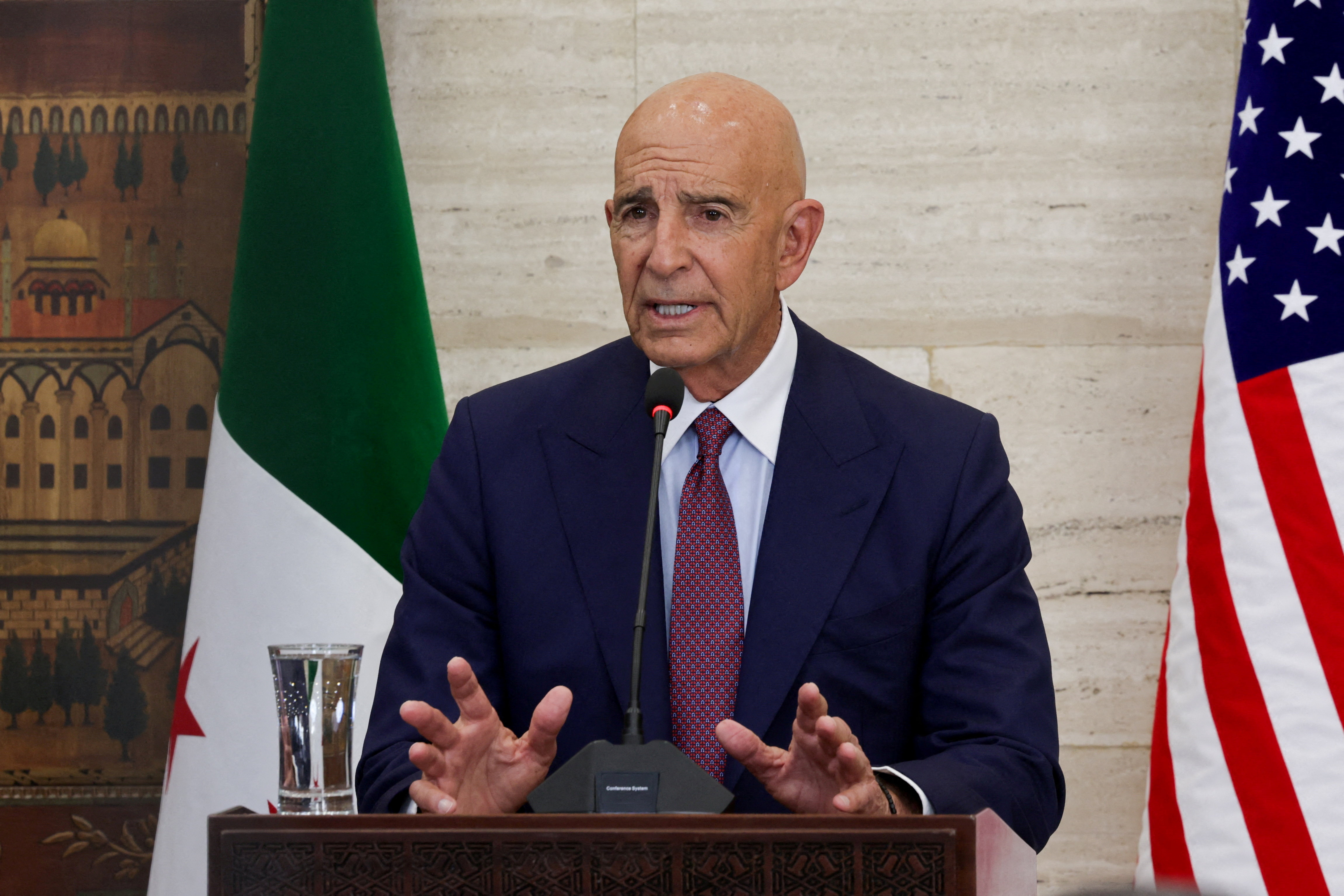 FILE PHOTO: U.S. special envoy for Syria Tom Barrack speaks during a press conference with the Syrian and Jordanian foreign ministers in Damascus
