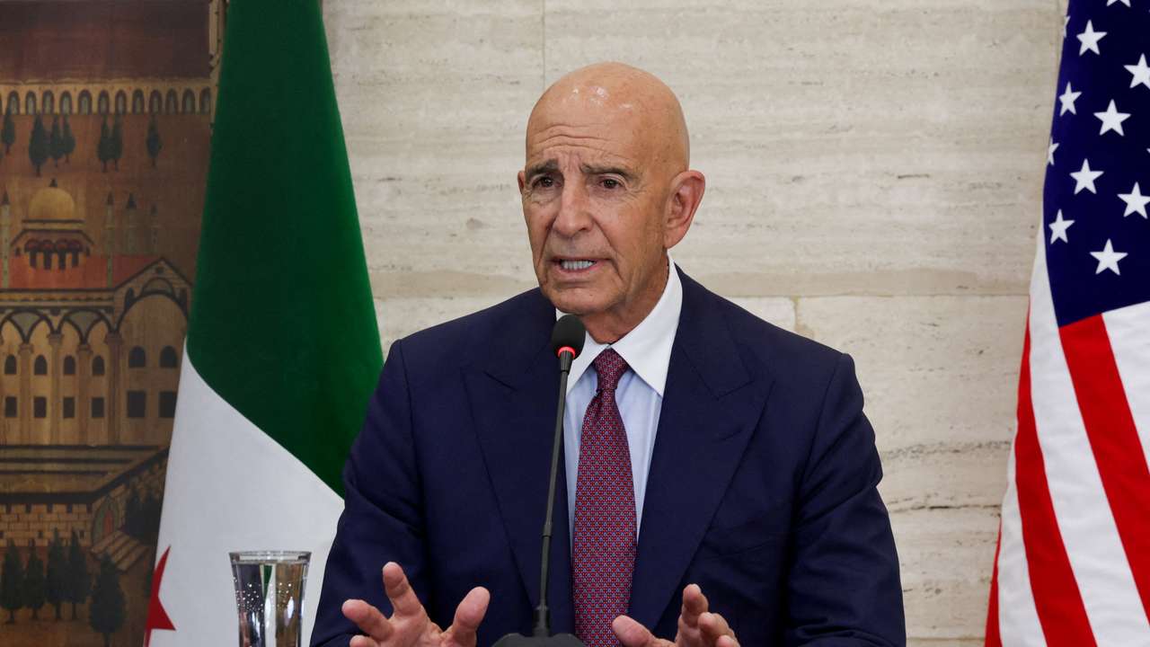 FILE PHOTO: U.S. special envoy for Syria Tom Barrack speaks during a press conference with the Syrian and Jordanian foreign ministers in Damascus