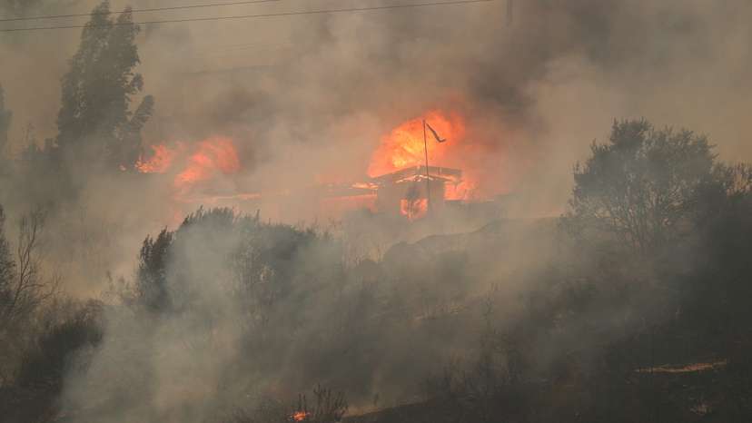 A view shows a fire, following the spread of wildfires in Vina del Mar