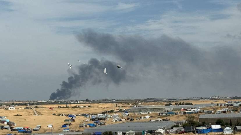 Smoke rises during an Israeli ground operation in Khan Younis, as seen from Rafah