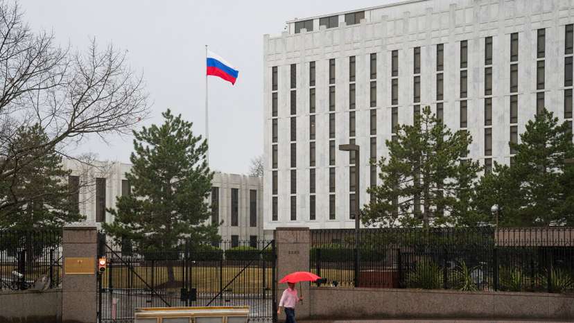 FILE PHOTO: The Russian Embassy, as President Biden announces new sanctions on Russia, in Washington