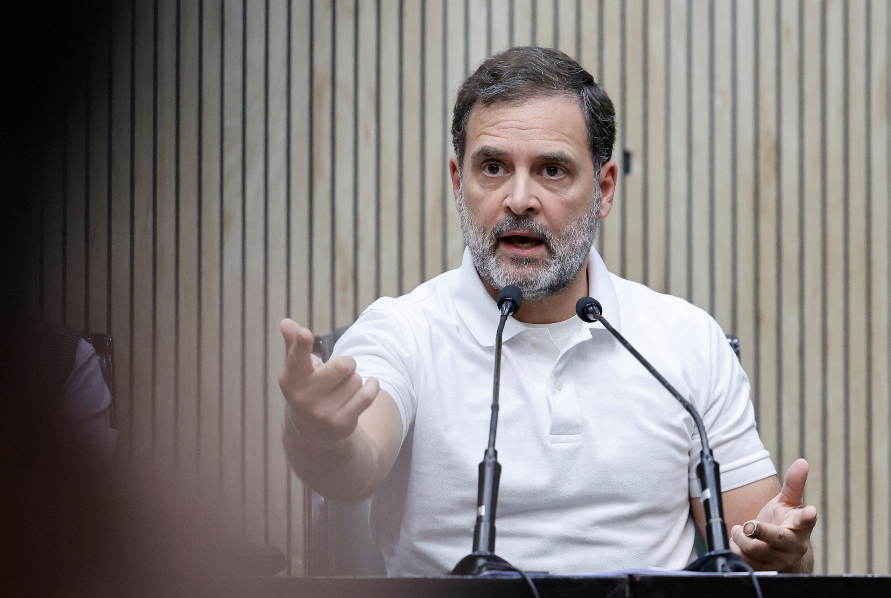 Rahul Gandhi, a senior leader of India's main opposition Congress Party, speaks to the media during a press conference in New Delhi
