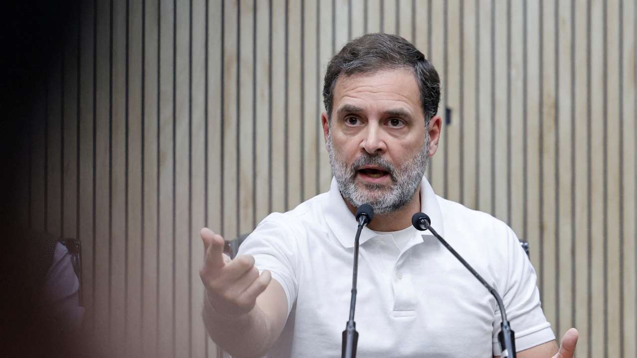 Rahul Gandhi, a senior leader of India's main opposition Congress Party, speaks to the media during a press conference in New Delhi