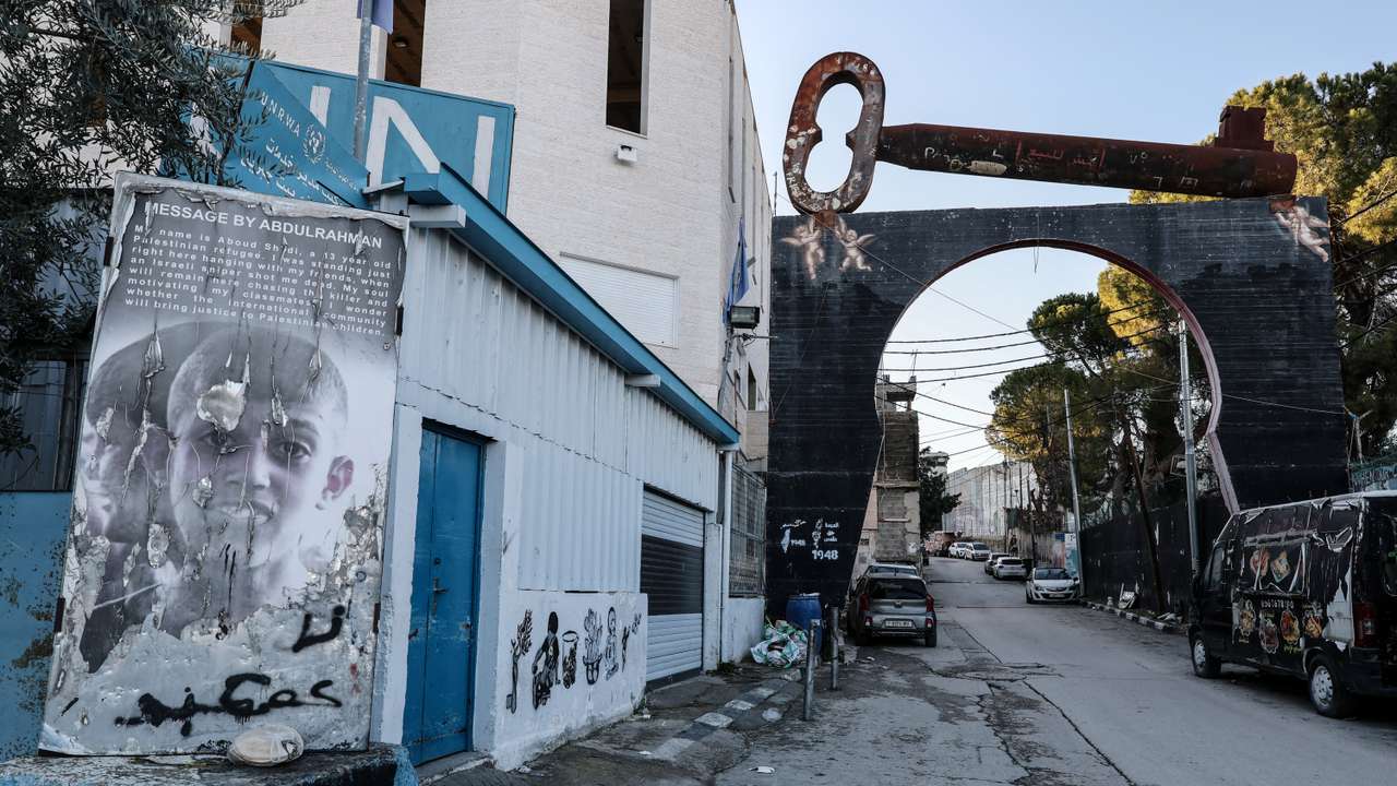 The Palestinian key of return lies on the entrance arch of the camp near an UNRWA center, in the Aida refugee camp in Bethlehem