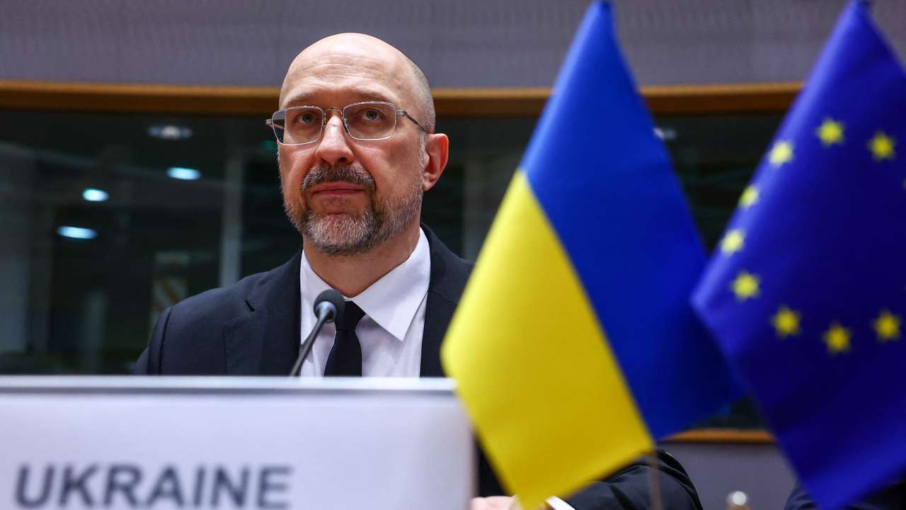 Ukrainian Prime Minister Denys Shmyhal looks on as he takes part in the EU-Ukraine Association Council, in Brussels