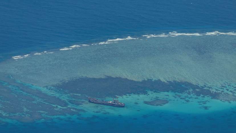 FILE PHOTO: Aerial view of the contested Second Thomas Shoal in the South China Sea
