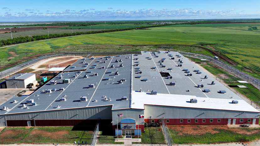 A drone view shows the Bluebonnet Detention Facility in Anson