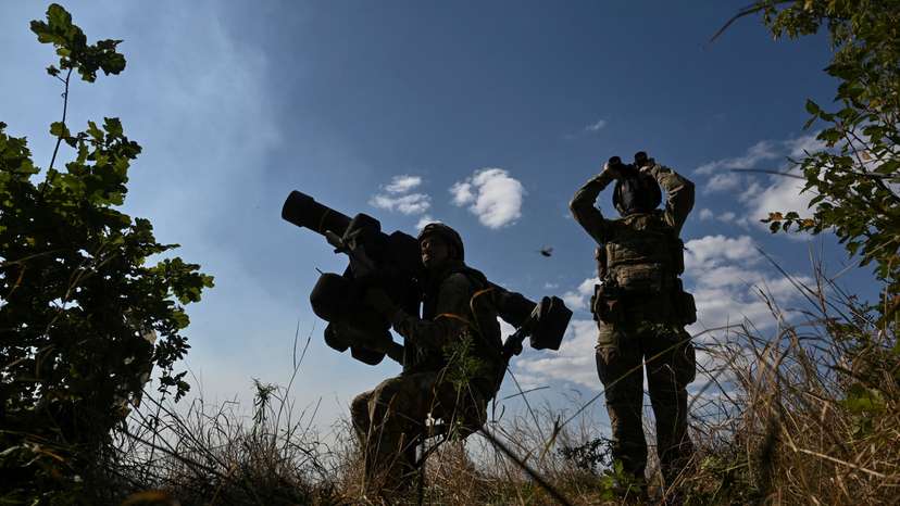 FILE PHOTO: Ukrainian servicemen observe the sky during a combat shift in a front line in Kharkiv region