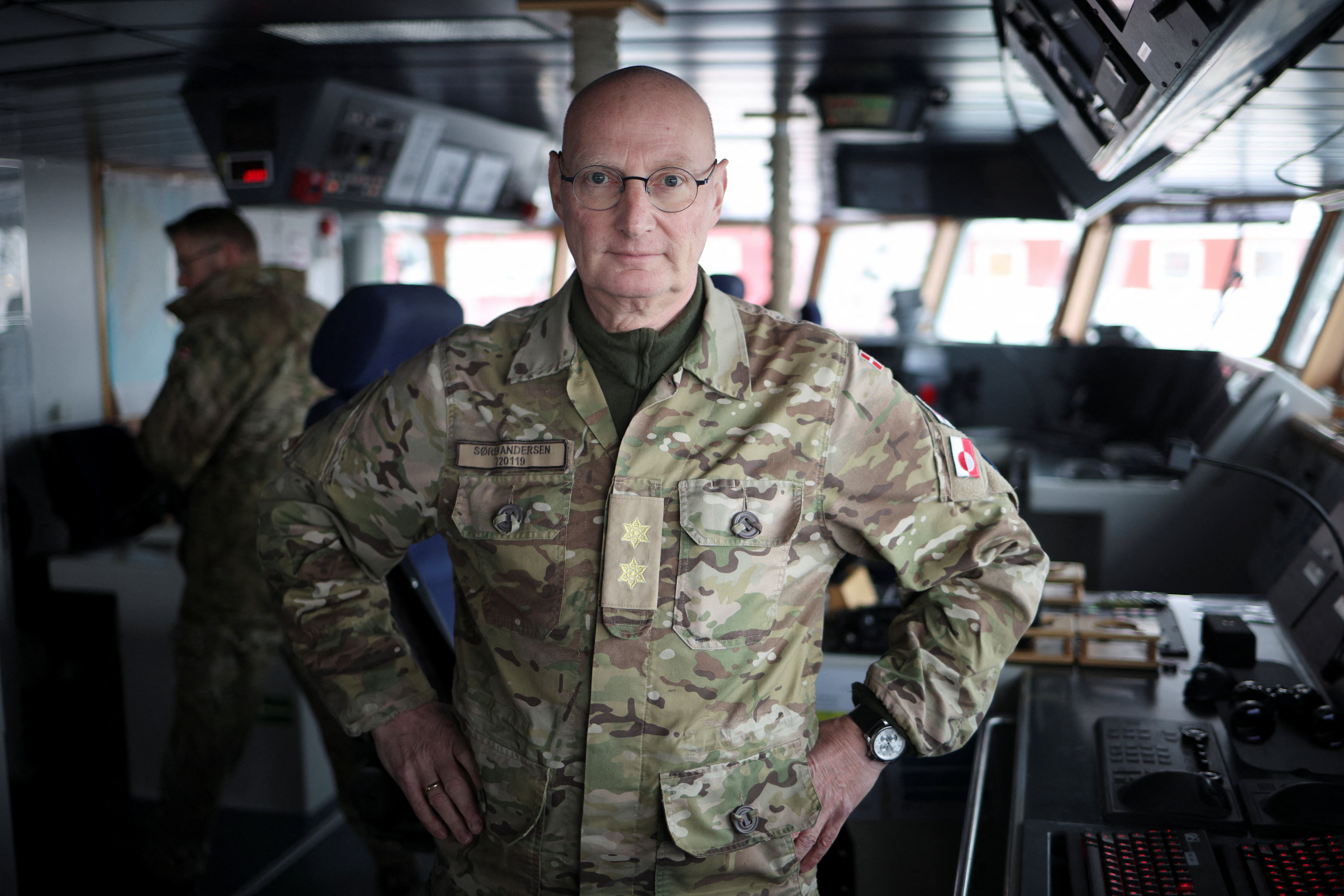 Chief of Joint Arctic Command, Major General Soren Andersen, speaks during an interview with Reuters, on board a Danish warship in Nuuk