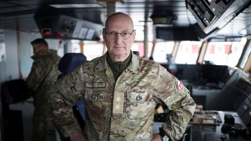 Chief of Joint Arctic Command, Major General Soren Andersen, speaks during an interview with Reuters, on board a Danish warship in Nuuk