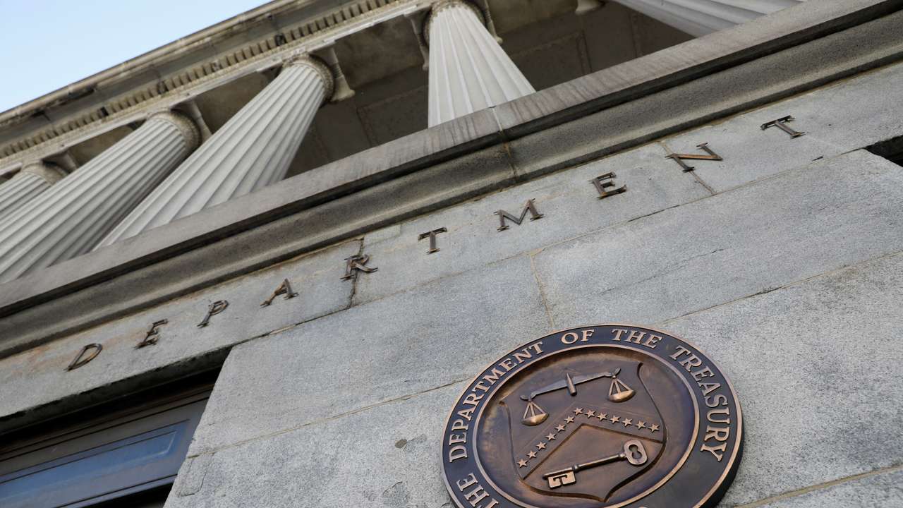 Signage is seen at the United States Department of the Treasury headquarters in Washington, D.C.