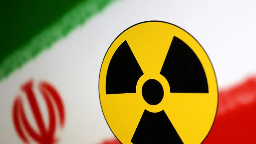 Illustration shows Nuclear symbol and Iran flag