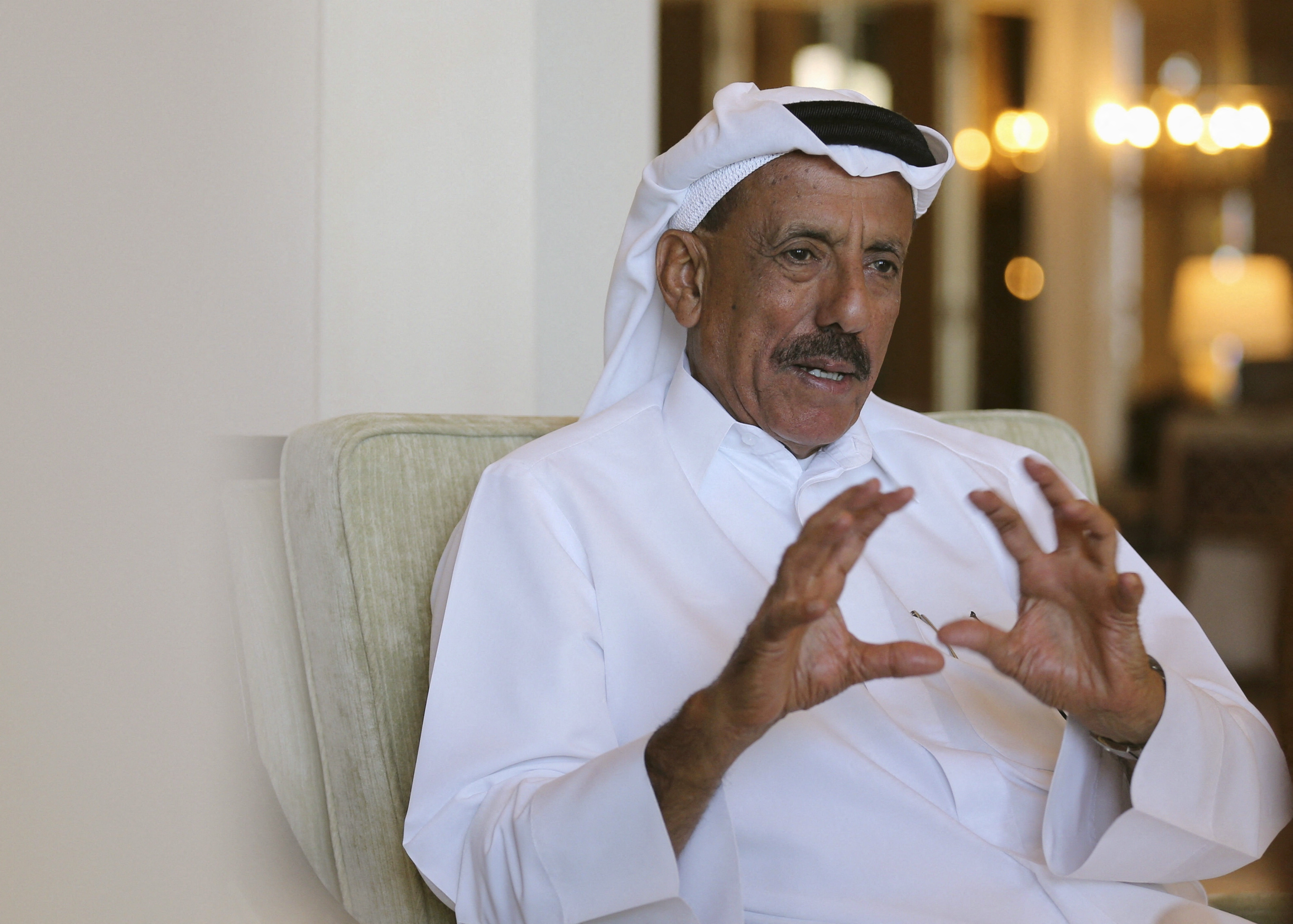 FILE PHOTO: Khalaf Ahmed Al Habtoor, Chairman of the Al Habtoor Group, gestures during an interview with Reuters in Dubai