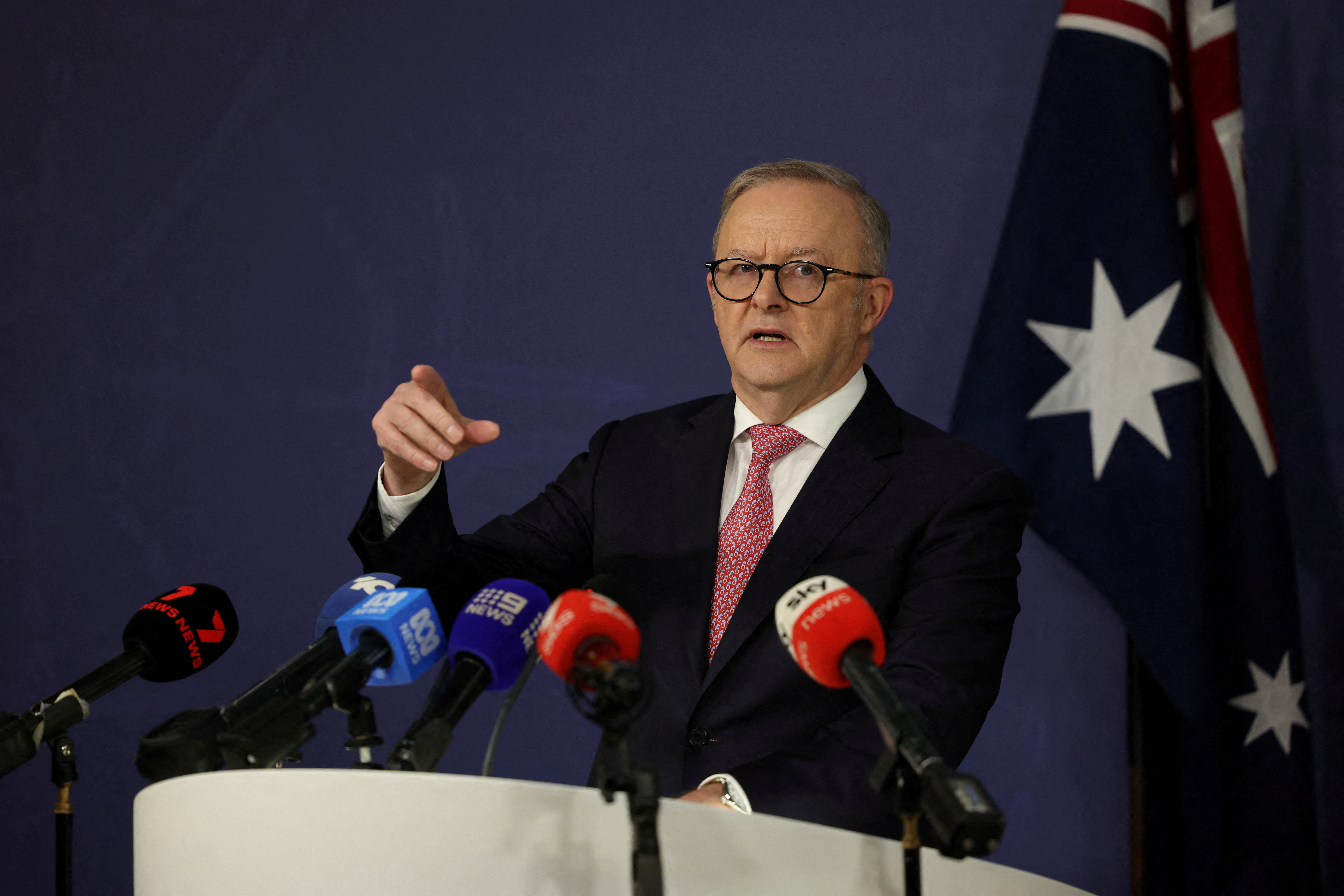 FILE PHOTO: Australian Prime Minister Anthony Albanese speaks during a press conference in Sydney
