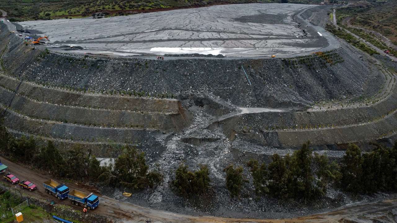 Damaged Las Cenizas tailings dam following heavy rains, in Chile