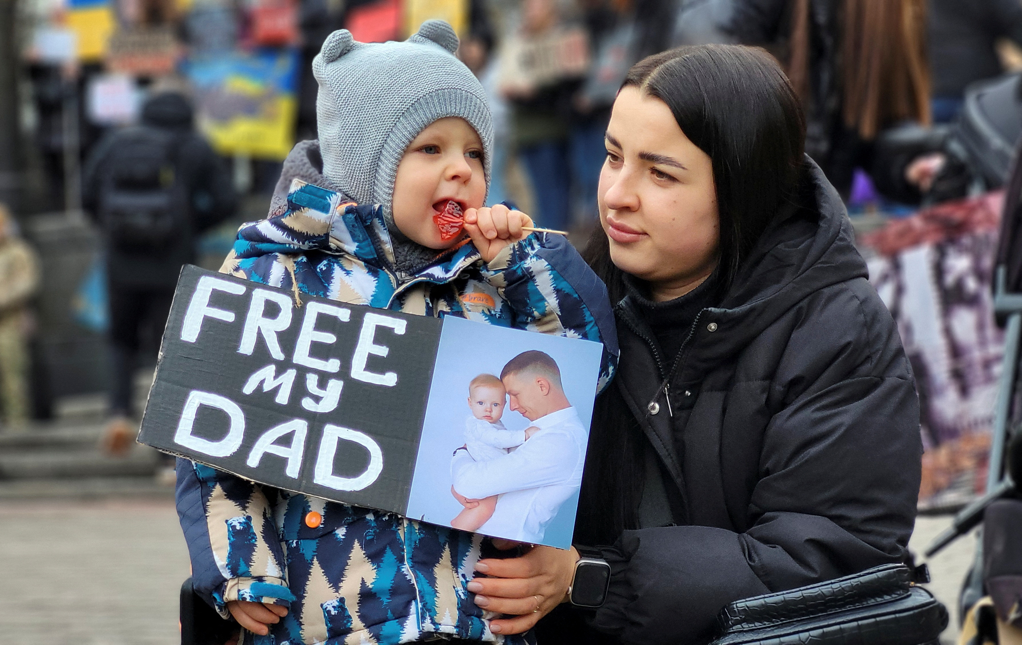 Relatives of the Azovstal defenders and other Ukrainian prisoners of war attend a rally calling for authorities to return their relatives from Russian captivity in Kyiv