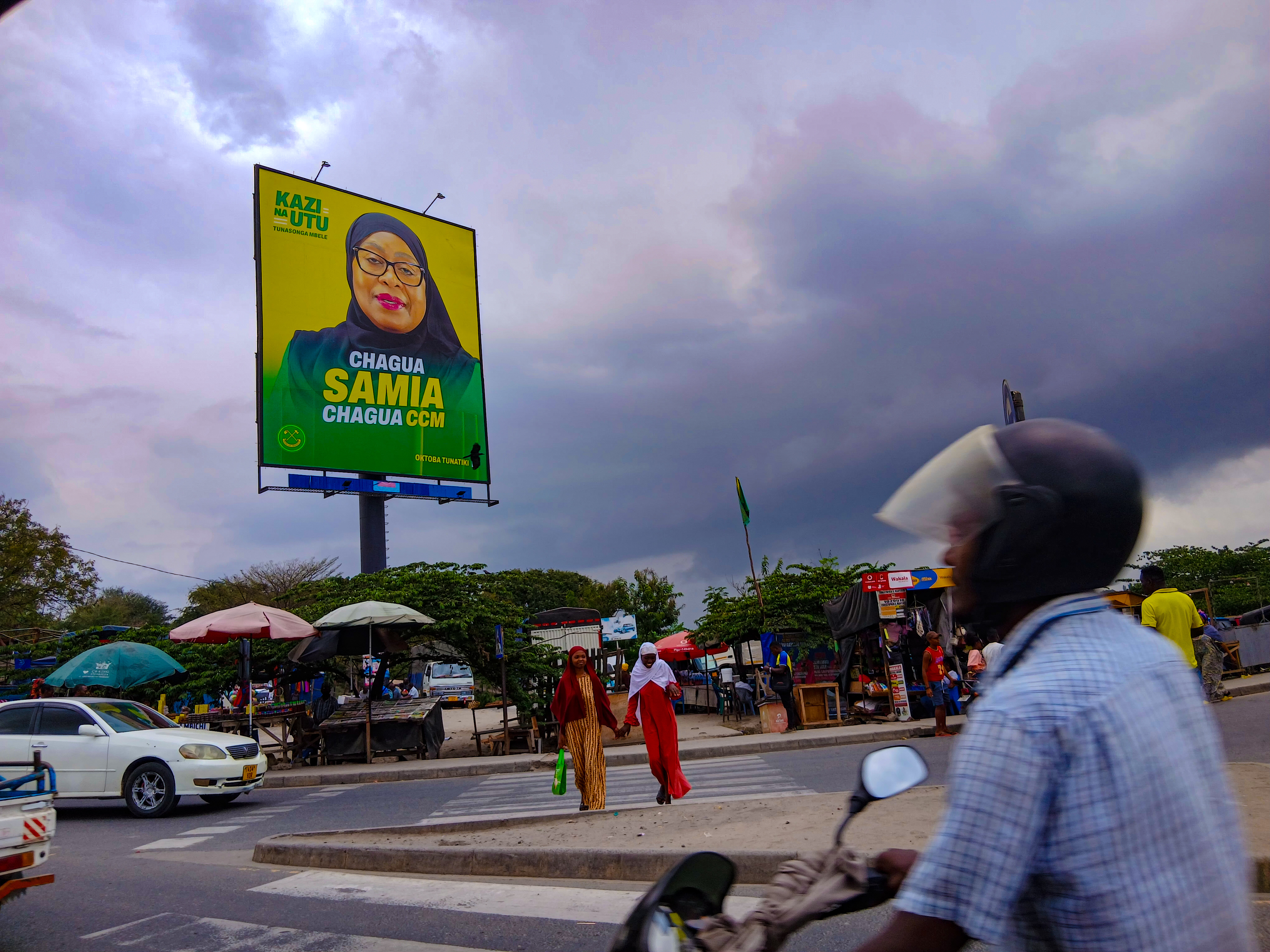A roadside poster in Dar es Salaam displays Samia Suluhu Hassan, Tanzanian president