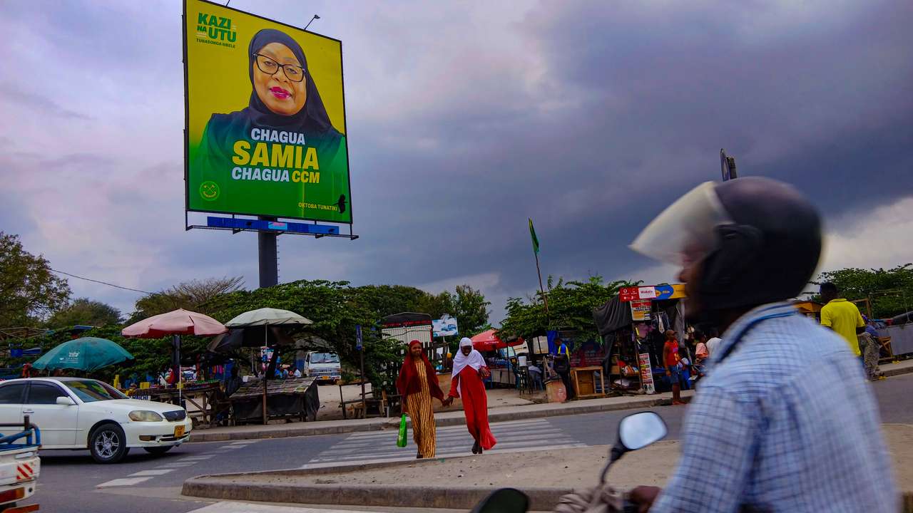 A roadside poster in Dar es Salaam displays Samia Suluhu Hassan, Tanzanian president