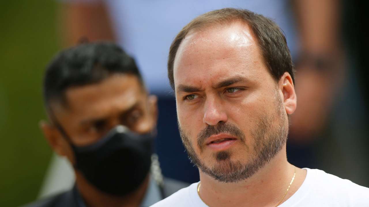 Carlos Bolsonaro walks after the 7th day mass in honour of President Bolsonaro's mother in Brasilia