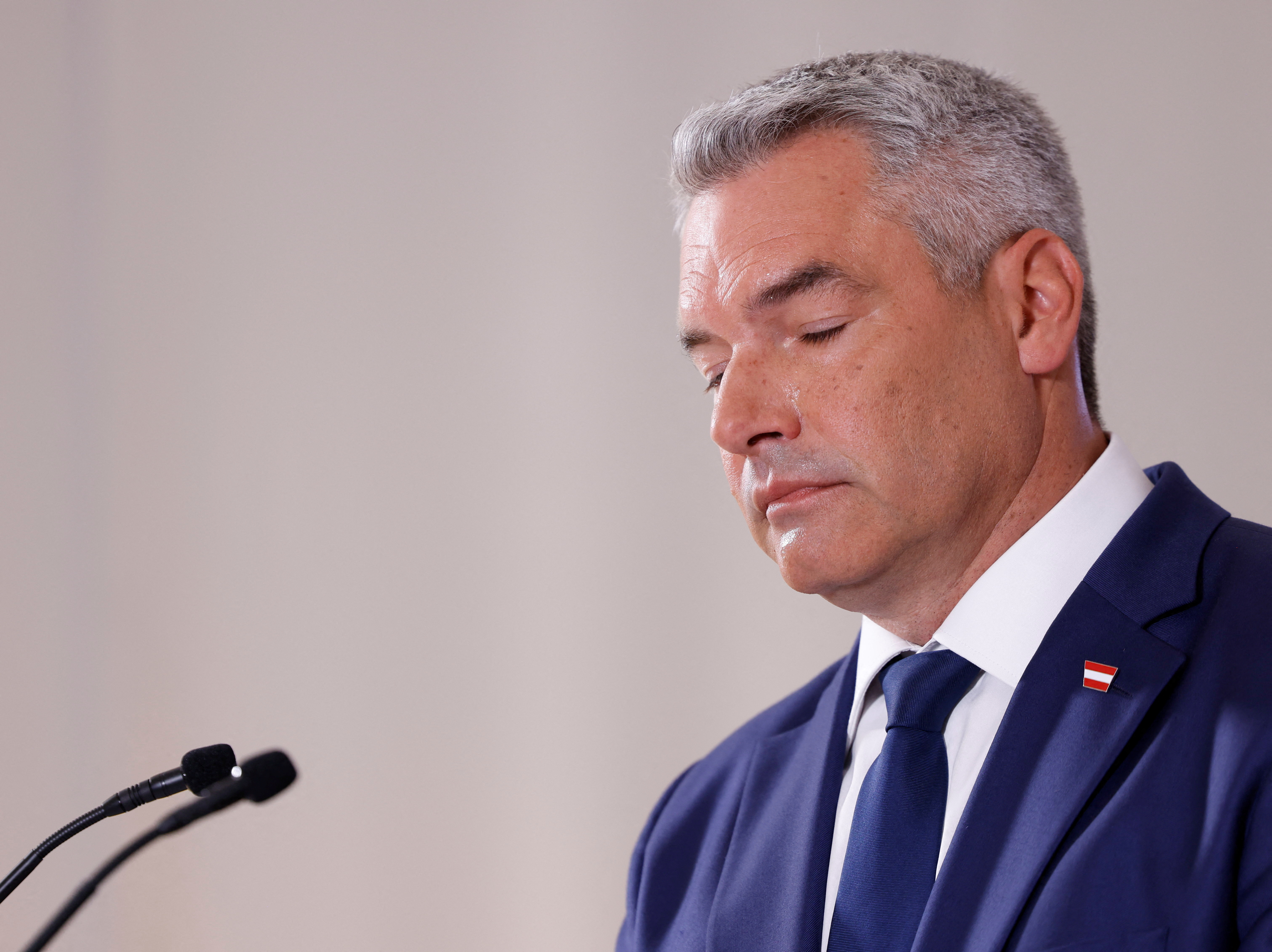 Head of Peoples Party and Chancellor Karl Nehammer addresses the media in Vienna