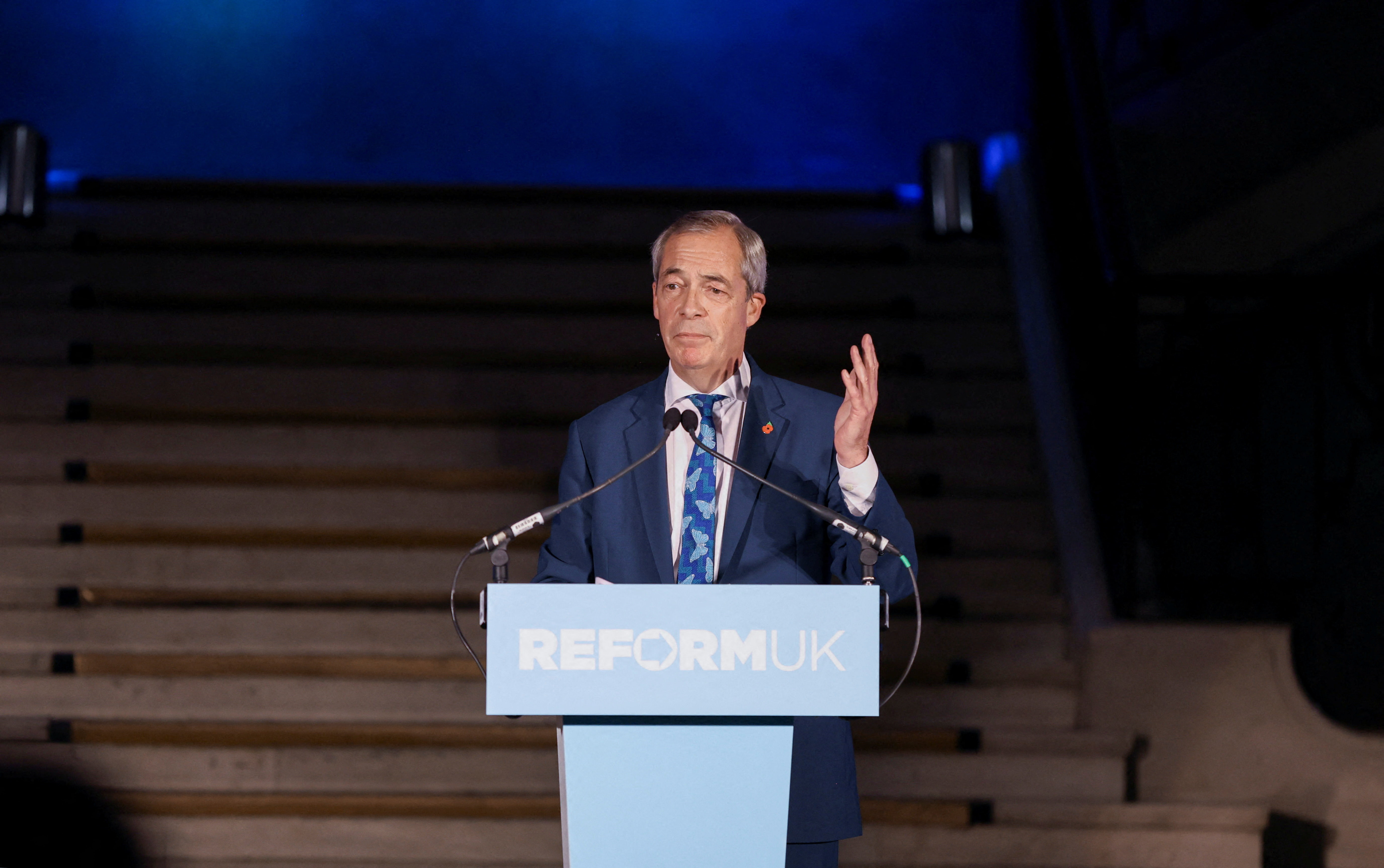 Leader of Reform UK party Nigel Farage delivers speech in London