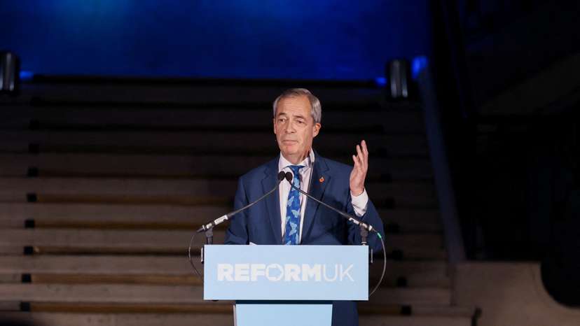 Leader of Reform UK party Nigel Farage delivers speech in London